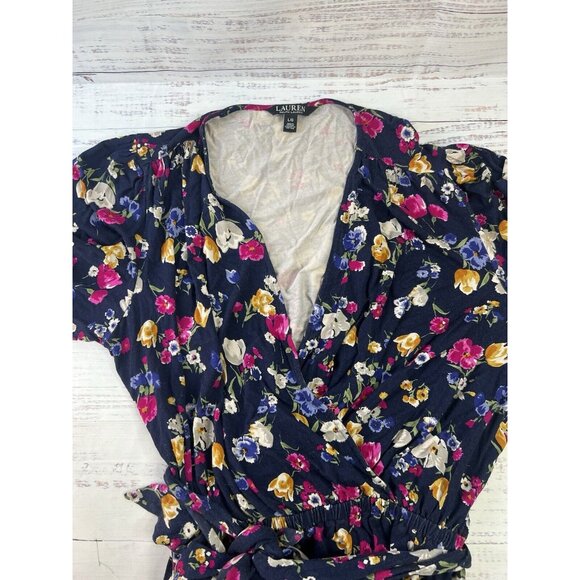 Lauren Ralph Lauren Black Label Peplum Frill Blouse Sz L Blue Floral - Picture 6 of 10